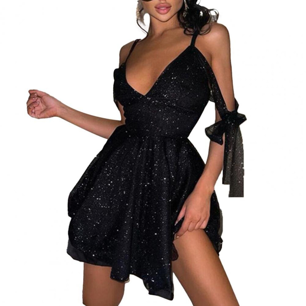 Sequins V Neck Women Dress Solid Glitter A-Line Lace-up Mini Dress High Waist Short Sleeve Dancing Party Dress for Night-image-OPC-PBQCHDR-NEW