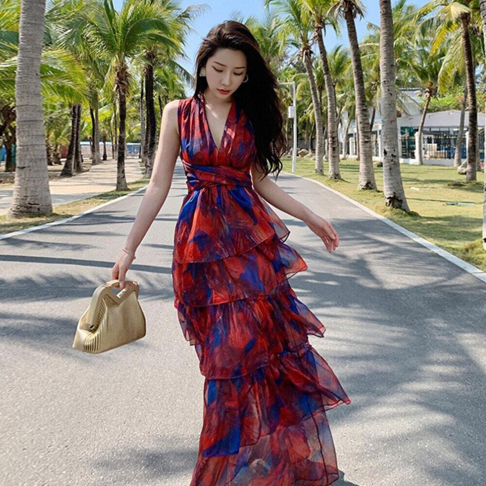 Summer Women s Midi Beach Dresses Print Sexy Backless V Neck A line Skirt Temperament Ladies Clothes on OnBuy