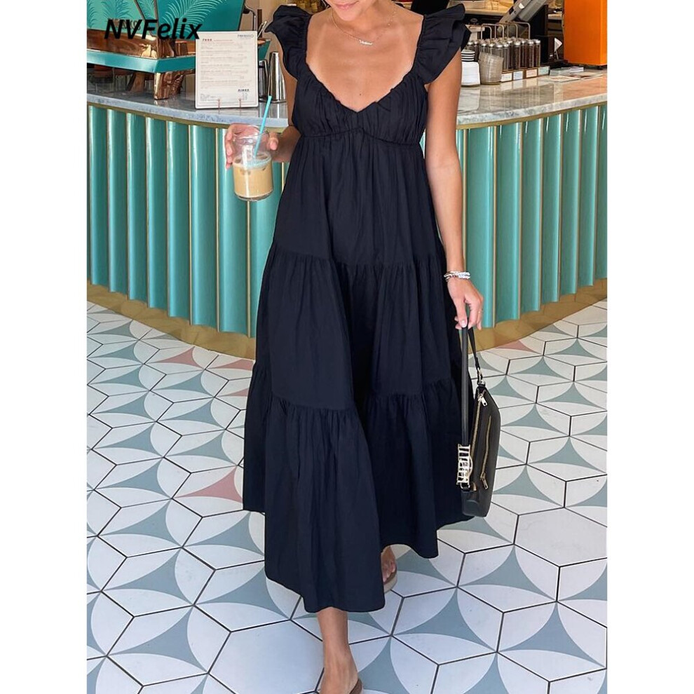 Women Summer Dresses Loose Spaghetti Strap Tiered Midi Dress Wedding Guest Ruffle Cotton Casual Beach Sun Dress on OnBuy