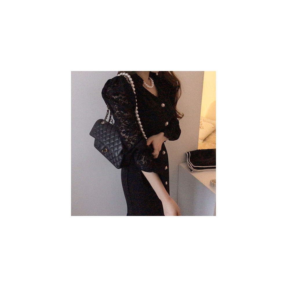 Onalippa Women Long Dress Early Spring Temperament V Neck Lace Stitch Puff Sleeve Waist Thin Mermaid Skirt-image-OPC-PBQCKYR-NEW