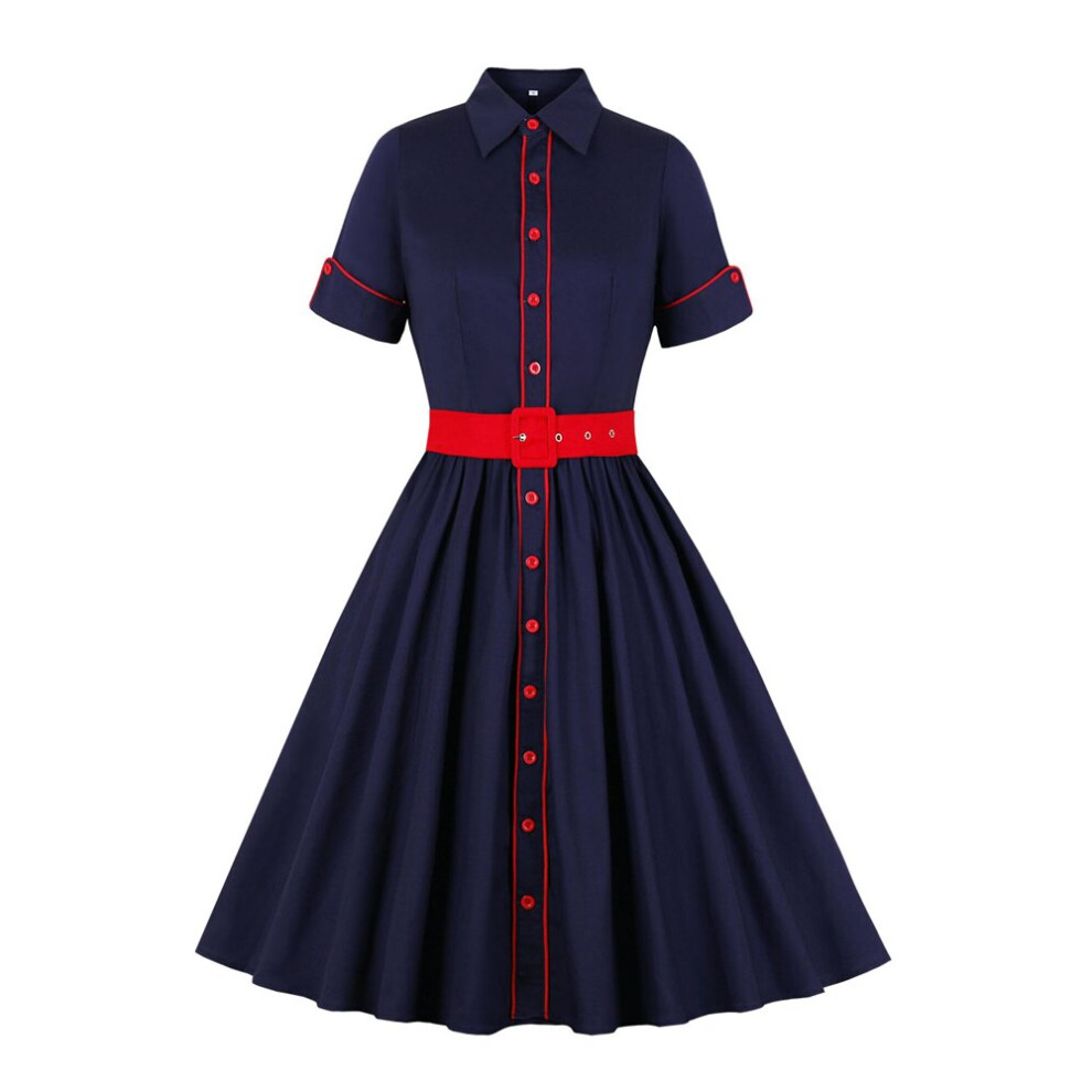 Turn-Down Collar Button Up Rockabilly Vintage 50s Cotton Shirt Dress Short Sleeve Women Red Belt Pleated Dresses-image-OPC-PBQCMH6-NEW
