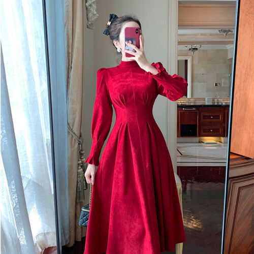 Winter Dress Red Velvet Flare Puff Sleeve Half High Neck Slim Waist Fold  Ruched Long Dress Lady Vintage Womens Gown on OnBuy