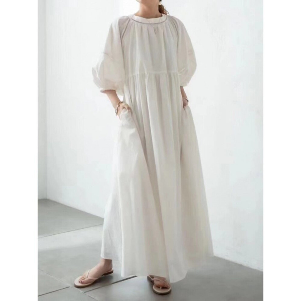 Summer Loose O Neck Latern Sleeve Dress Women Japan Style High Waist Drawstring Dresses Office Lady Double Pockets Robes-image-OPC-PBQCMYG-NEW