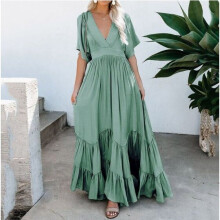 Flounced Edge Maxi Dresses for Women Maternity Short Sleeve V Neck Sexy Beach Wear Loose Fit Solid Summer Dress High Waist