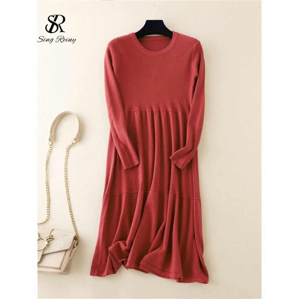 SINGREINY Folds Casual Women Knitted Dress Autumn O Neck Long Sleeve Loose Plus Size Warm Solid Sweater Midi Long Dress-image-OPC-PBQCNHV-NEW