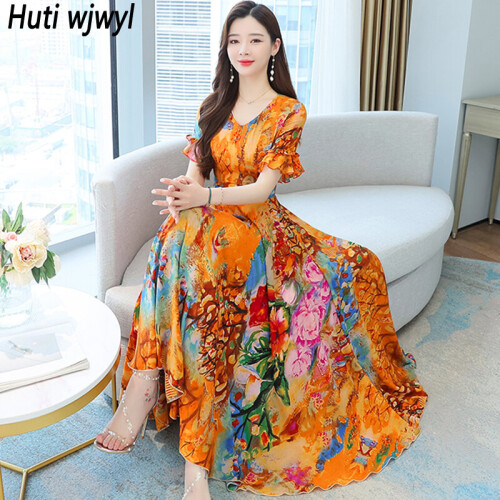 Summer Casual Boho Beach Vacation Long Dress Bodycon Party Maxi Dress Women Floral Chiffon V Neck Sexy Midi Dresses on OnBuy