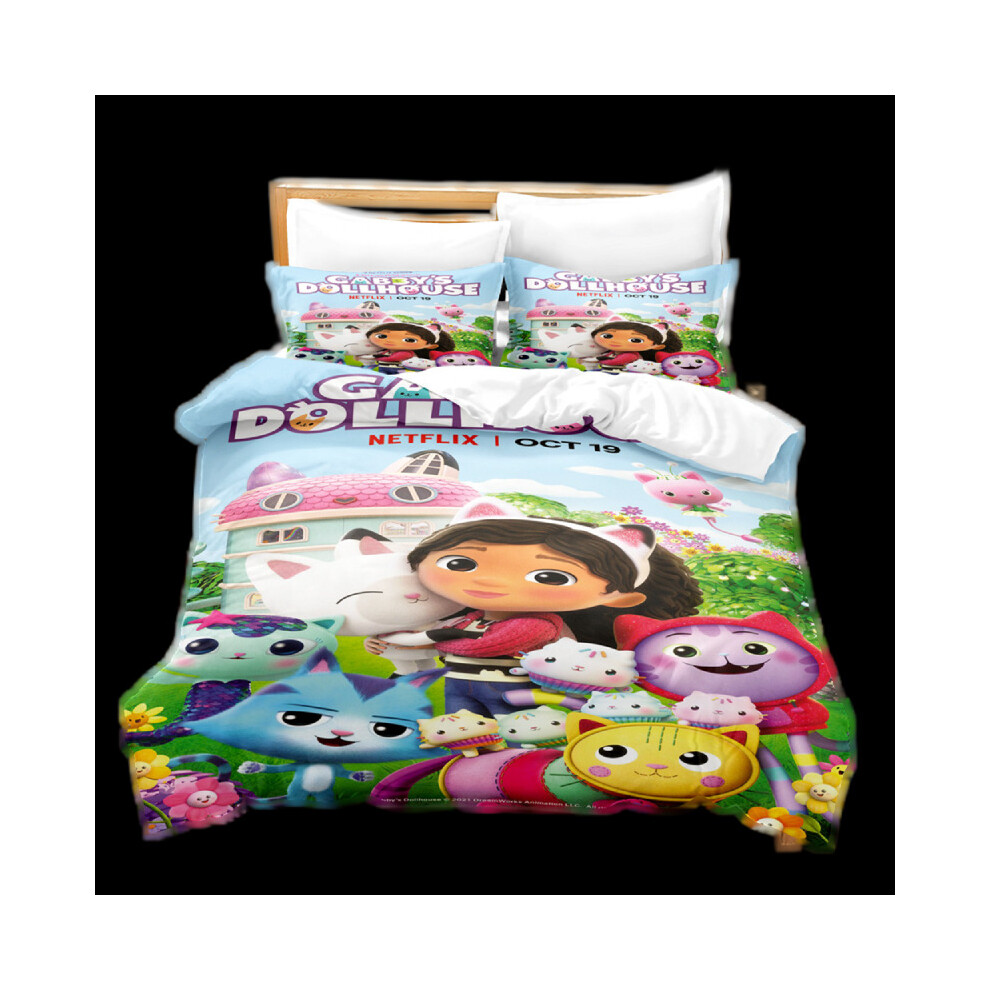 (Garden, 200x200cm/78.7*78.7in) Gabbys 3pcs Dollhouse Cartoon Print Children Bed Duvet Set Quilt Pillow Cover