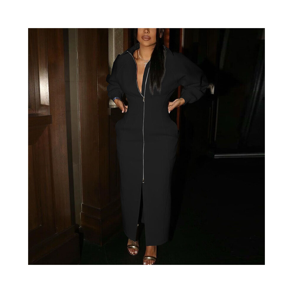 Women Long Sleeve Solid Zip Up Long Dress Tunic Maxi Dress-image-OPC-PBQCPXX-NEW