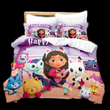 (Happy Birthday, 200x200cm/78.7*78.7in) Gabbys 3pcs Dollhouse Cartoon Print Children Bed Duvet Set Quilt Pillow Cover