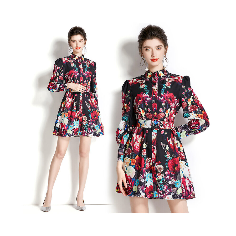 SummerFall Print Stand Collar Long Lantern Sleeve Single-breasted Belt Women Temperament Casual Party Mini Dress-image-OPC-PBQCQ98-NEW