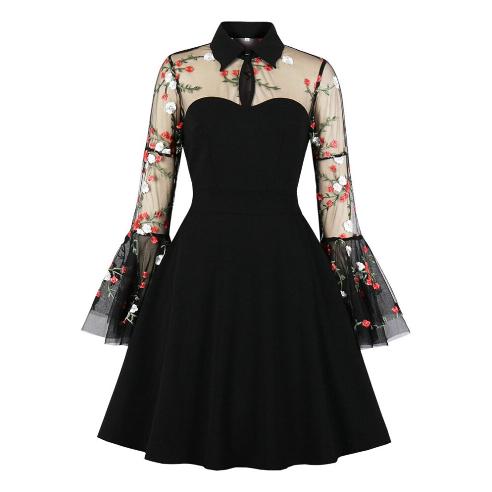 Floral Embroidered Mesh Long Sleeve Party Dress Vintage Women Turn-Down Collar Keyhole A-Line Mini Dresses-image-OPC-PBQCQF8-NEW