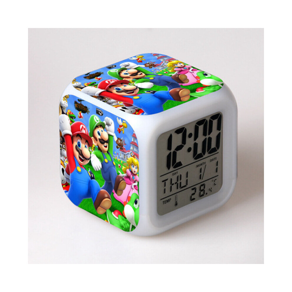 (3) Super Mario Led Colorful Lights 8kinds Of Sounds Square Alarm Clock Holiday Gift