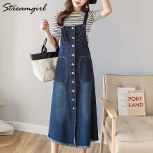 Streamgirl Denim Overalls Dress Women Jean Dresses Buttons Front Straps Jeans Dresses Women Denim Dress For Women Summer Autumn