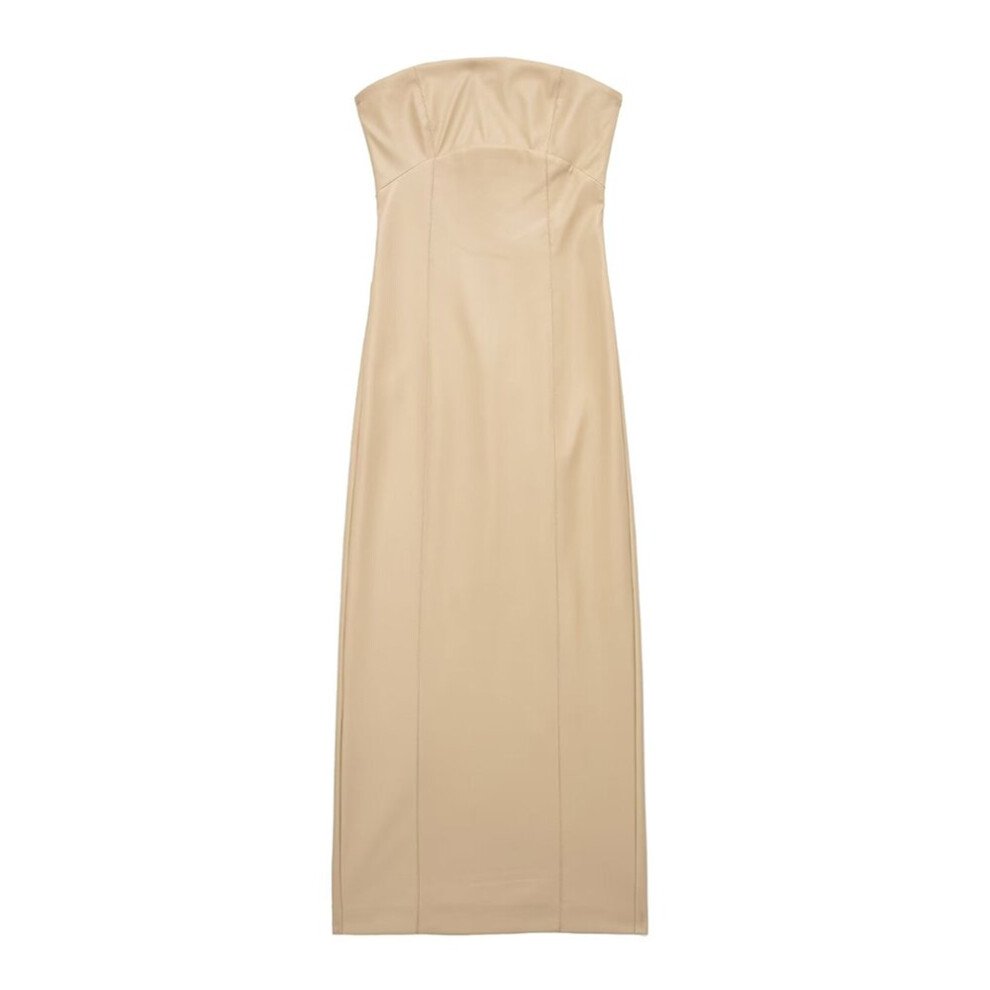 Women Faux Leather Strapless Midi Dress Vintage Straight Neck Backless Zipper Female Dresses Vestidos-image-OPC-PBQCSHZ-NEW