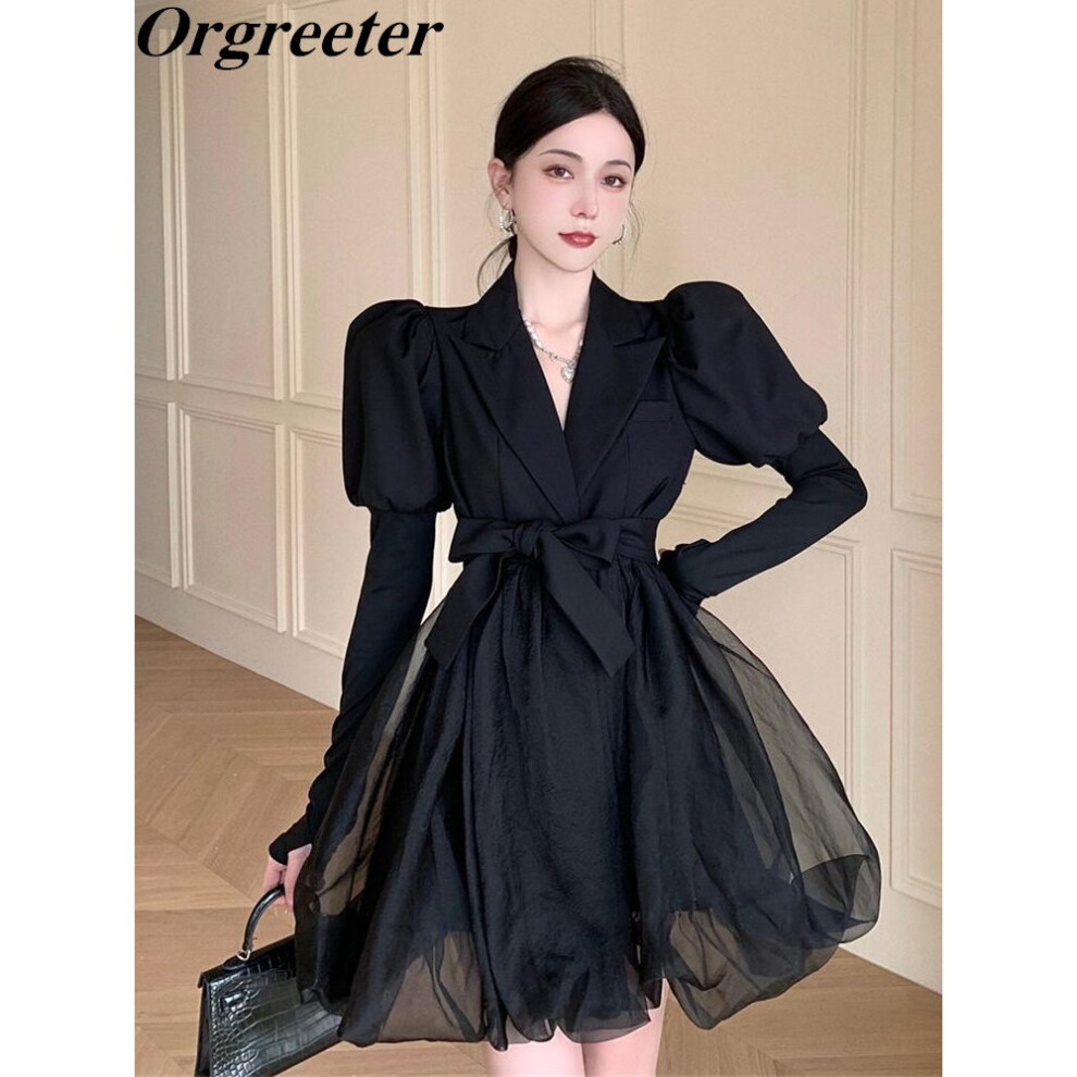 Hepburn Temperament Short Puffy Dresses for Women Vintage Puff sleeve Sashes Waist Organza Stitching Blazer Dress on OnBuy