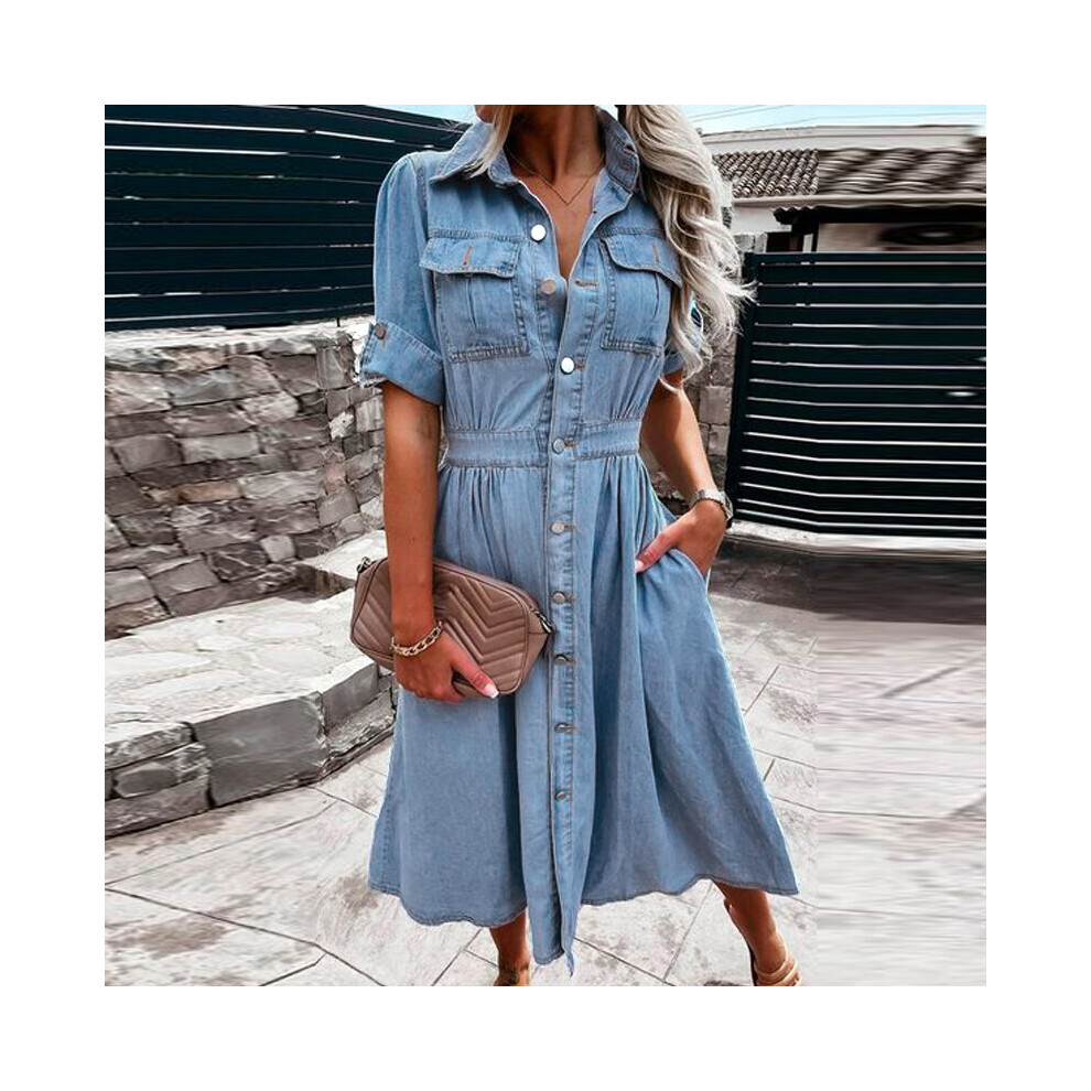 Women's Denim Dress Lapel Retro Waist Long Skirt Loose Retro Single Breasted Slim A-Line Skirt Mom Skirt Summer-image-OPC-PBQCSR2-NEW