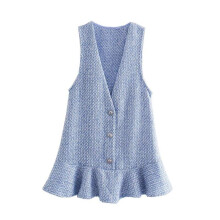 Autumn Women Waistcoat Ruffles Vintage Dress Texture In Matching Fabric V-Neck Mini Plaid Vestidos Sleeveless
