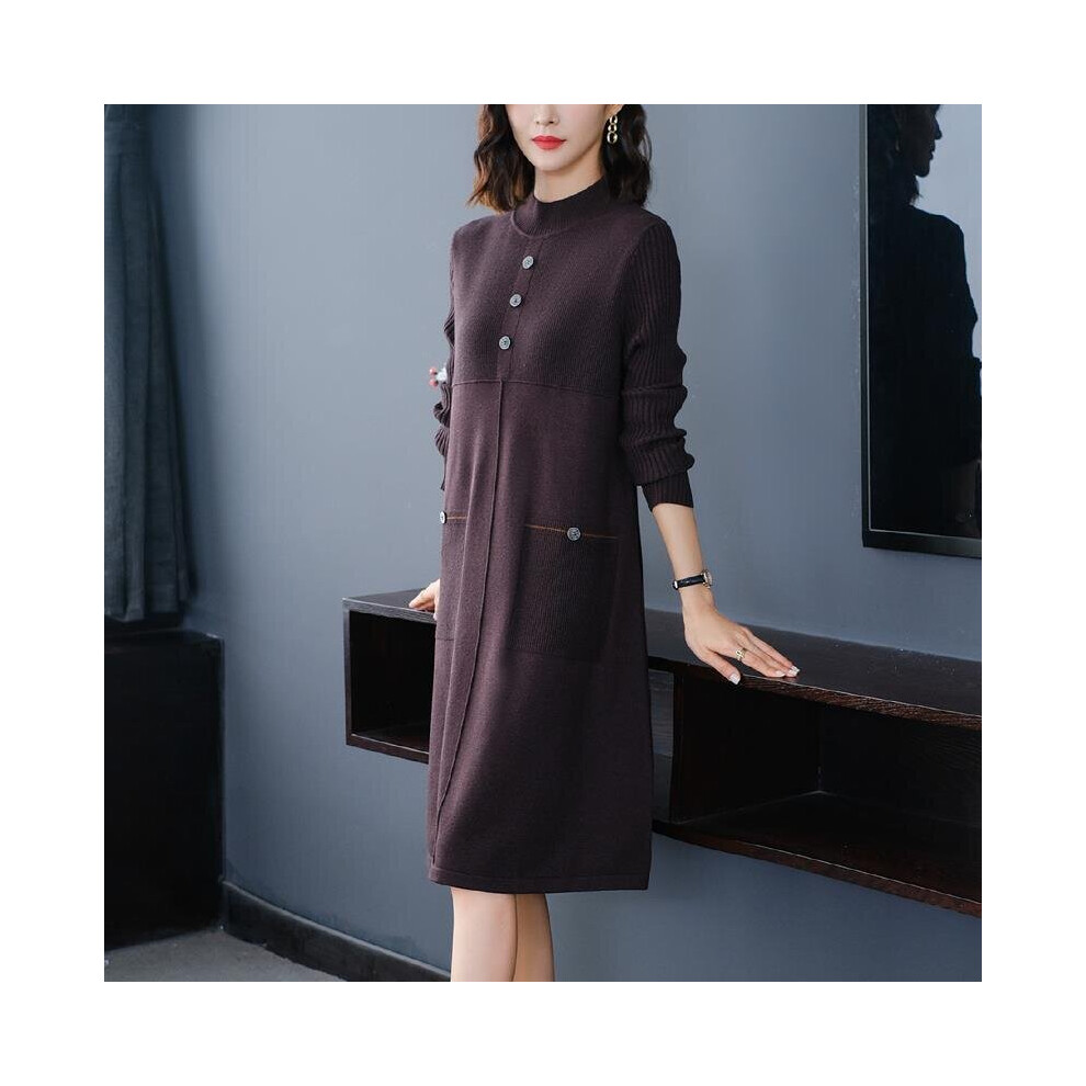 Slim Knitting Dress For Women Autumn Casual Solid Half High Collar Pullover Button Pockets Knee-Length Bottom Clothes-image-OPC-PBQCV6X-NEW