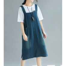 Spring Summer Denim Dresses Women Overalls Loose Black/Blue Pockets Vintage Jeans Dress Spaghetti Strap FT177