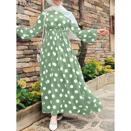 Women Summer Print Muslim Dresses Stylish Polka Dots Dress Puff Sleeve Maxi Vestido Female Casual Robe Femme