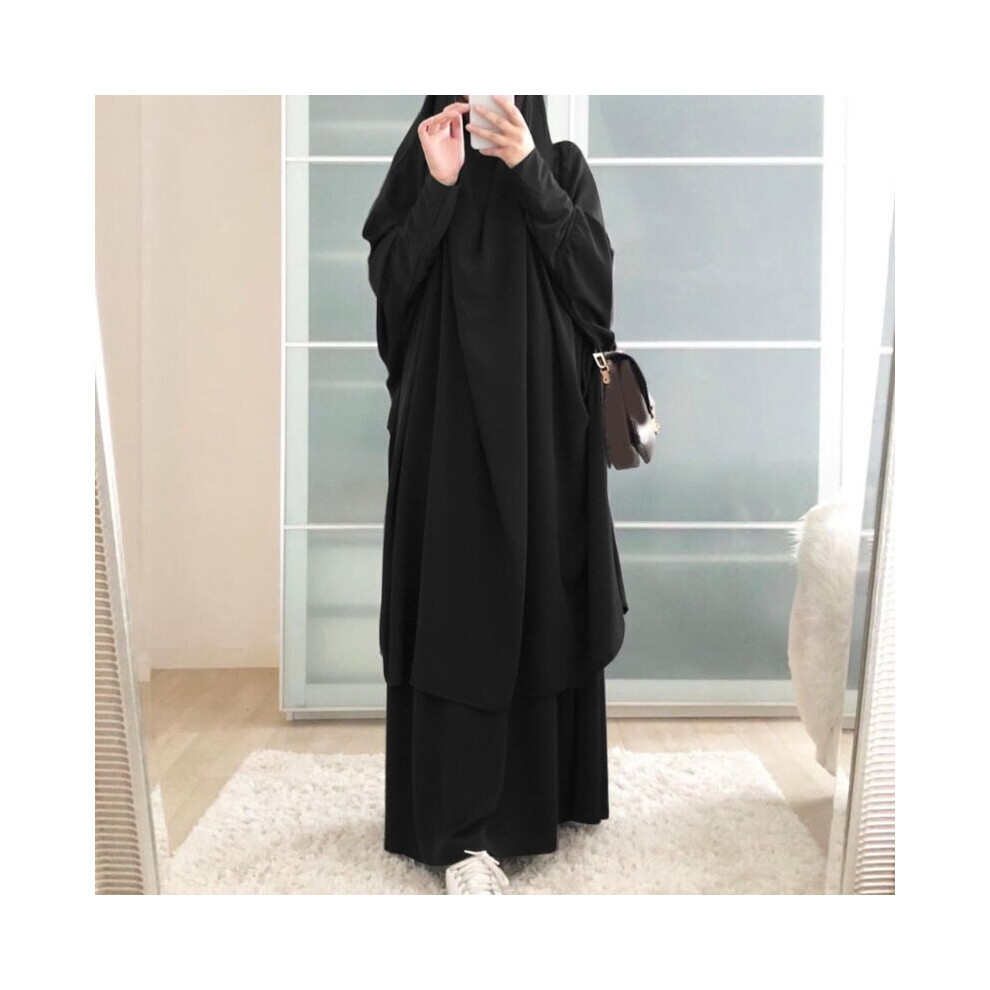 Womens 2 Pieces Muslim Prayer Dress Long Sleeve Hijab Scarf Khimar and Skirt Set Islamic Abaya Full Length Kaftan Robe-image-OPC-PBQDMTW-NEW