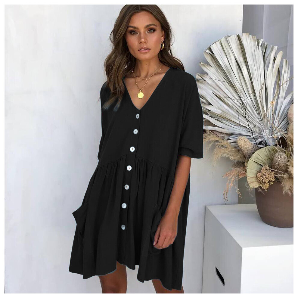 Boho Sexy V-neck Dresses For Women Summer Casual Loose Five Points Sleeve Shirt Dress Female Pocket Button Vestidos-image-OPC-PBQDSJ2-NEW