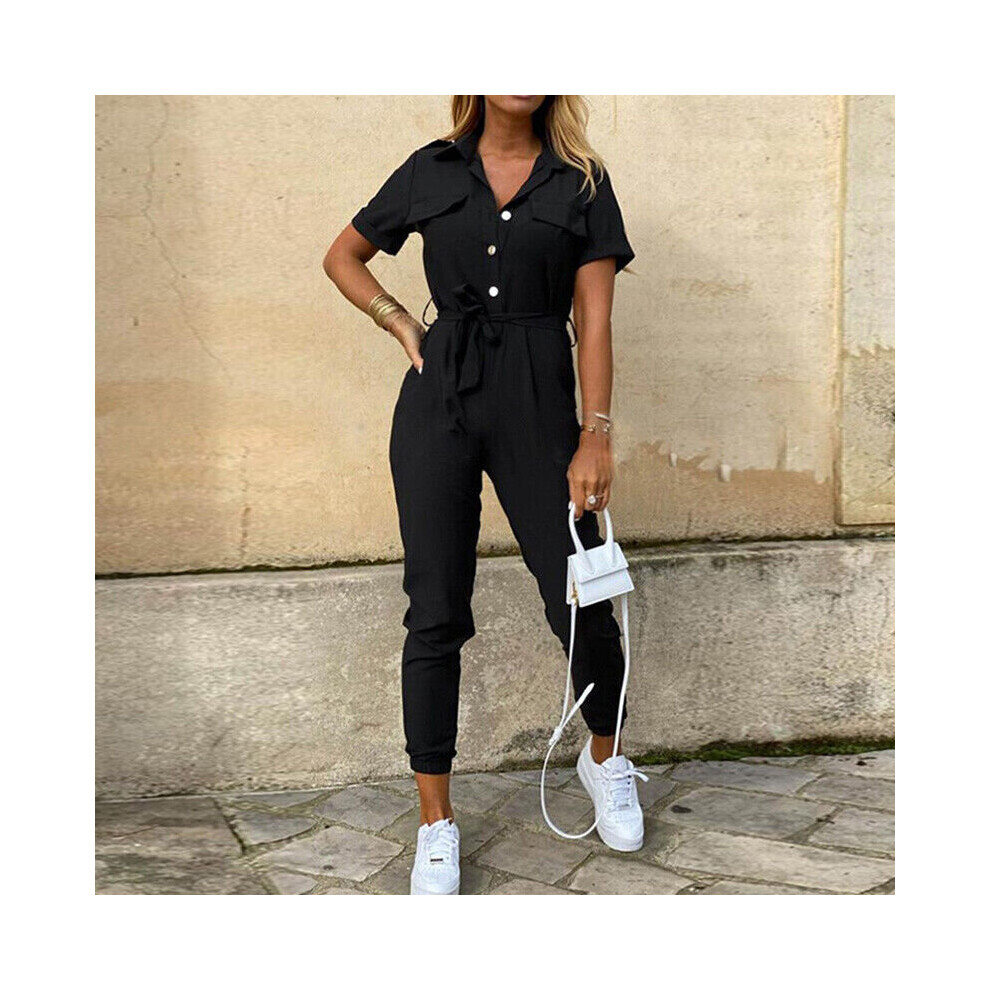 (Black, S=UK SIZE 6) Womens Belted Jumpsuits Playsuit Ladies Cargo Trousers Stripes Tie Waist Rompers-image-OPC-PBQDT7C-NEW