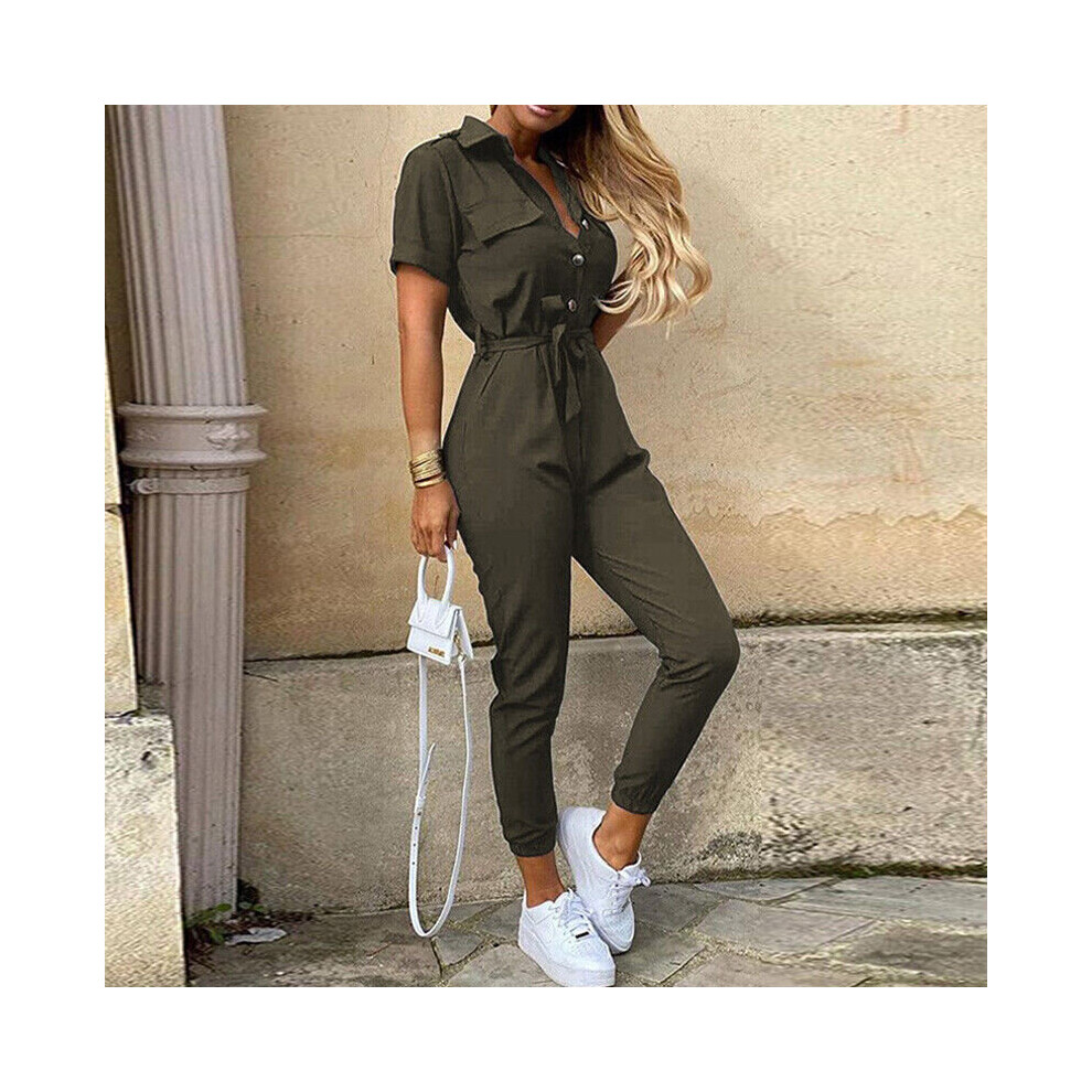 (Army Green, L=UK SIZE 10) Womens Belted Jumpsuits Playsuit Ladies Cargo Trousers Stripes Tie Waist Rompers