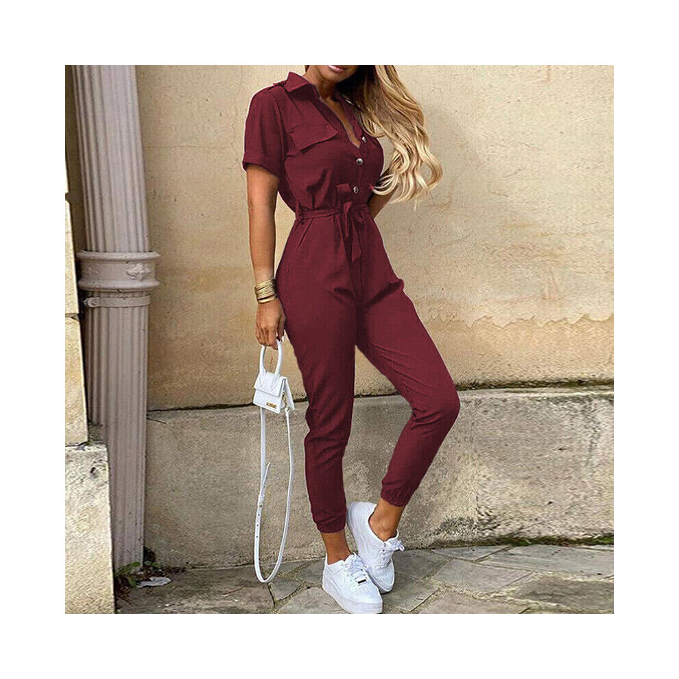 (Wind Red, XXXL=UK SIZE 16) Womens Belted Jumpsuits Playsuit Ladies Cargo Trousers Stripes Tie Waist Rompers-image-OPC-PBQDT8Q-NEW