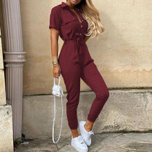 (Wind Red, L=UK SIZE 10) Womens Belted Jumpsuits Playsuit Ladies Cargo Trousers Stripes Tie Waist Rompers