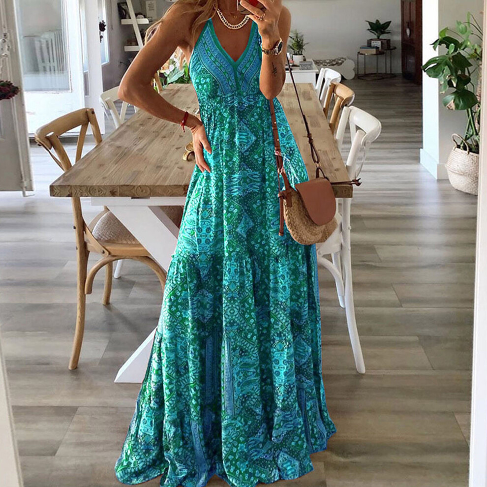 Summer Vintage V Neck Party Dress Women s Sexy Boho Printed Spaghetti Strap Long Dress Slim Vacation Beach Maxi Dress