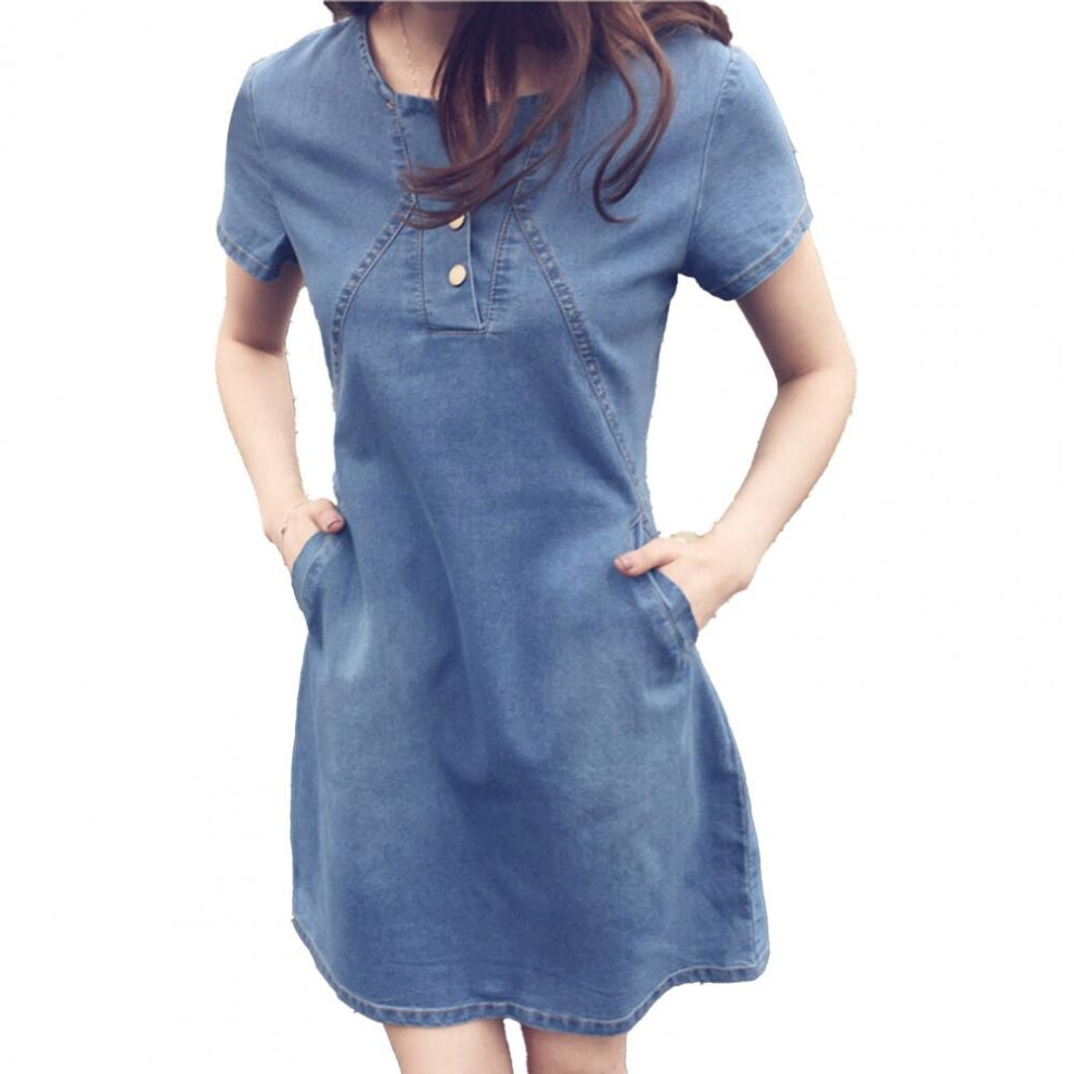 Casual Dress O-neck Short Sleeve Denim Dress Stylish Stitching Pullover Summer Dress Middle Waist Oversized Casual Dress-image-OPC-PBQDWMB-NEW