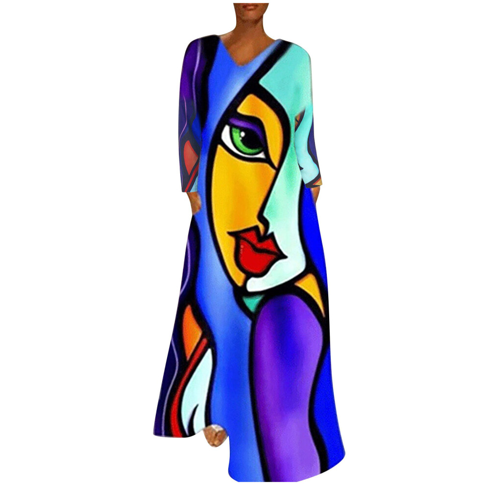 Women Abstract Print Casual Long Sleeve Sexy V-Neck Loose Maxi Long Dresses Summer Beach Holiday Vocation Vestidos Robe-image-OPC-PBQDWTT-NEW