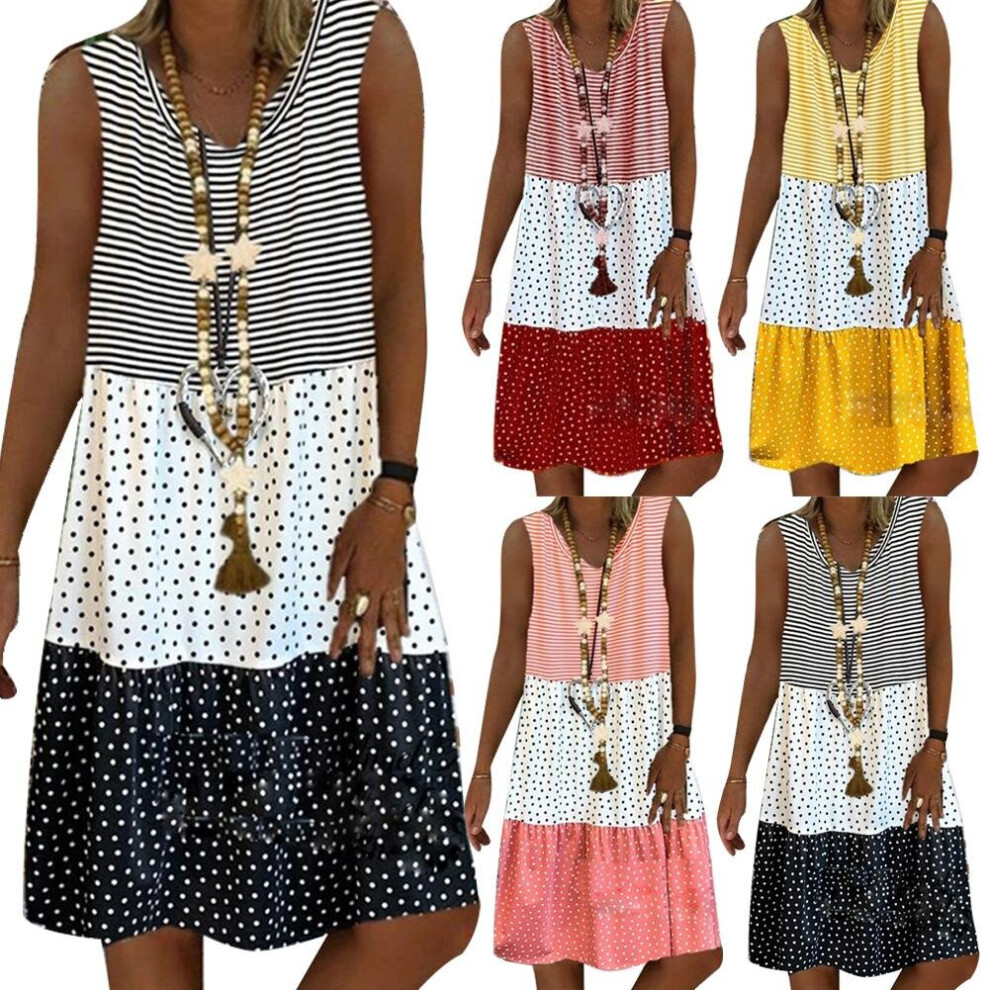 Casual Women Dot Stripe Patchwork Sleeveless V Neck Loose Knee-length Dress Loose Dress Vestidos Streetwear-image-OPC-PBQDXCD-NEW