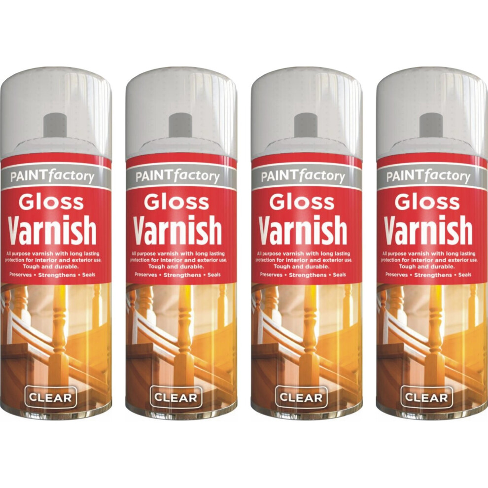 4 x 250ml Clear Gloss Varnish Spray Exterior Interior For All Purpose