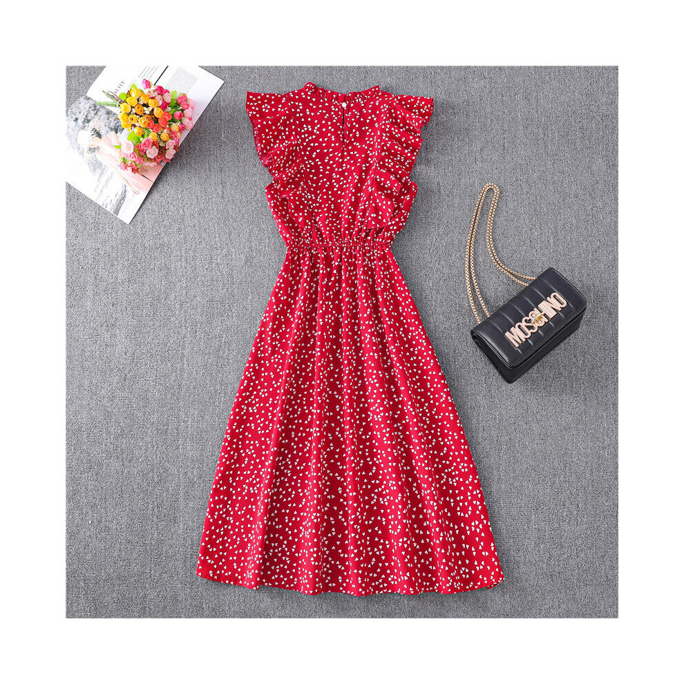 Dress Ladies Summer Polka Dot Printed Chiffon Knee Ruffled Sleeveless Red Mid-Length Dress Ladies Summer-image-OPC-PBQDYSN-NEW