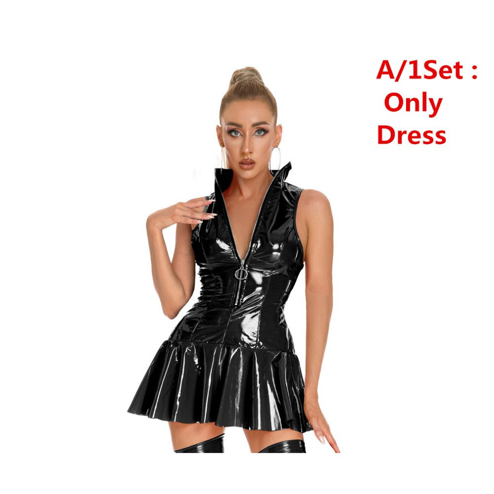 Multicoloured Sexy Womens Dress Clubwear Wetlook Latex Bodycon Costume Glossy Zipper Wet Look Pu Leather Sleeveless Pleated Dresses