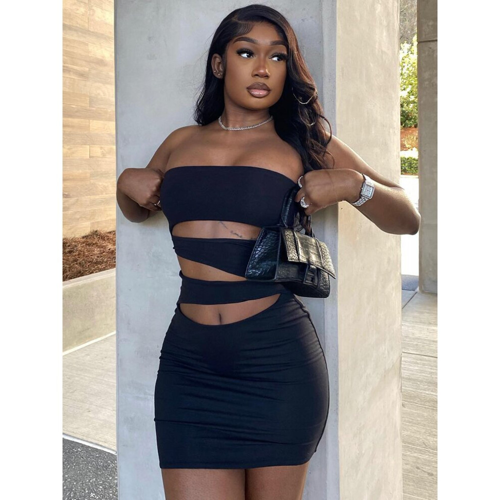 Hugcitar Off Shoulder Strapless Solid Hollow Out Mini Prom Dress Sexy Skinny Summer Party Club Outfit Night Out Y2K-image-OPC-PBQDZXY-NEW