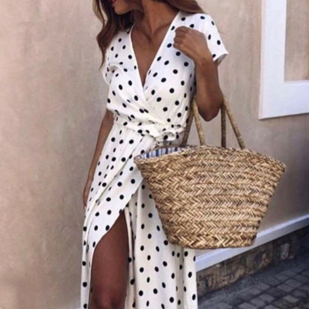 Women Polka Dot High Split Dress Summer Sexy V-neck Beach Boho Dress Short Sleeve Sashes Maxi Long Dresses-image-OPC-PBQF29S-NEW