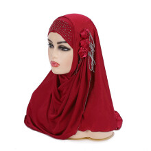 Muslim Girls Prayer Hijab for Children Age 7-15 Head Wrap Soft Headscarves with Flower Lovely Rhinestone Turban