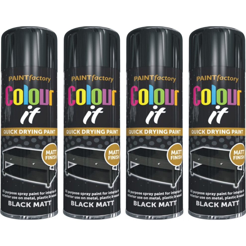 4 x 250ml Black Spray Paint Matt finish Interior & Exterior Wood Metal