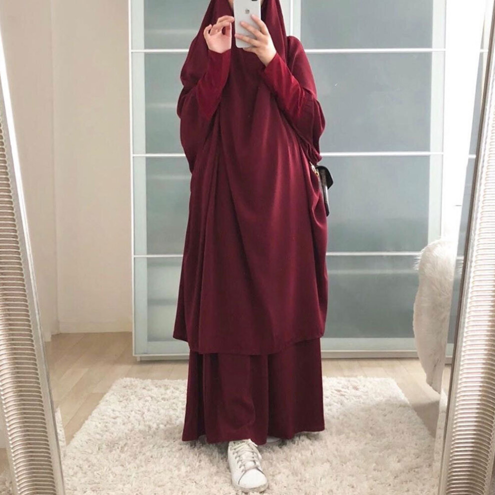 Two Piece Women's Islamic Eid Hijab Dress Muslim Dubai Abaya Solid Turkey Kaftan Robe Femme Ramadan Jilbab Set-image-OPC-PBQFG66-NEW