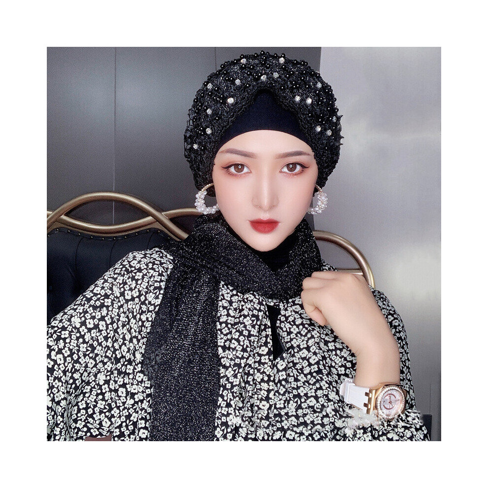Arab Beaded Women Cap Lace Flowers Hijabs Muslim Shawls Islamic Girls Scarf Headwear Long Headscarf-image-OPC-PBQFGSH-NEW