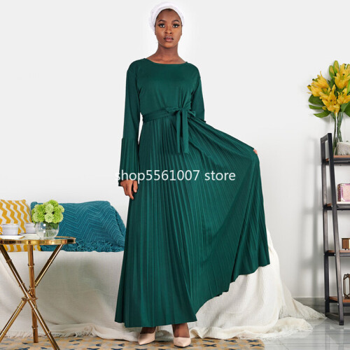 Pleated Maxi Dress Long Sleeve Round Neck Summer Solid Long Dress Abaya Women Muslim Islam Eid Modest Robe Hijab Dress