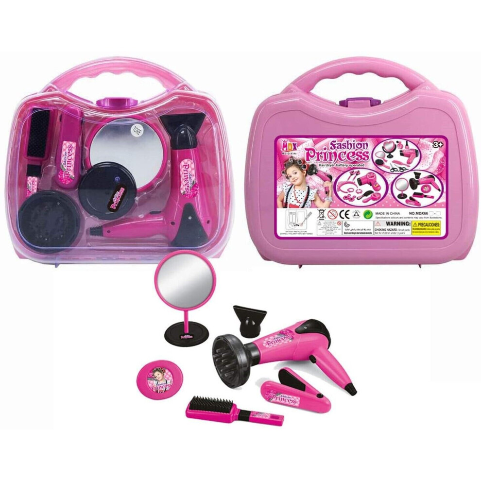 Girls Hairdresser Role Play Set Kids Hair Dryer Stylist Hard Pink Carry Case Toy