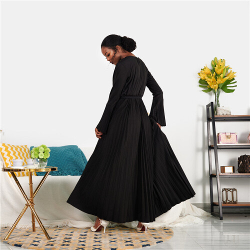 Pleated Maxi Dress Long Sleeve Round Neck Summer Solid Long Dress Abaya  Women Muslim Islam Eid Modest Robe Hijab Dress on OnBuy