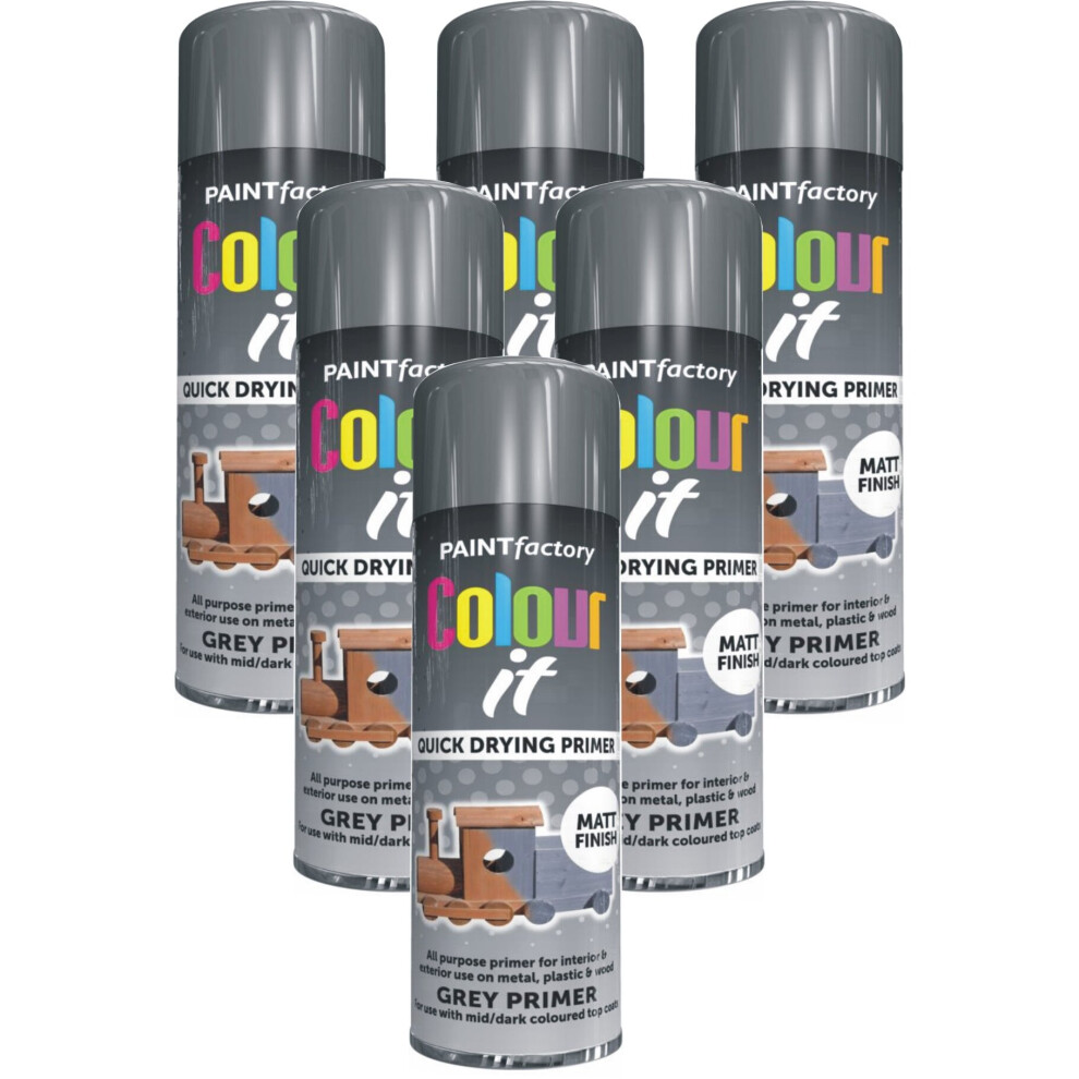 6 X 250ML Grey Primer Spray Paint For Metal Wood & Plastic Matt Finish