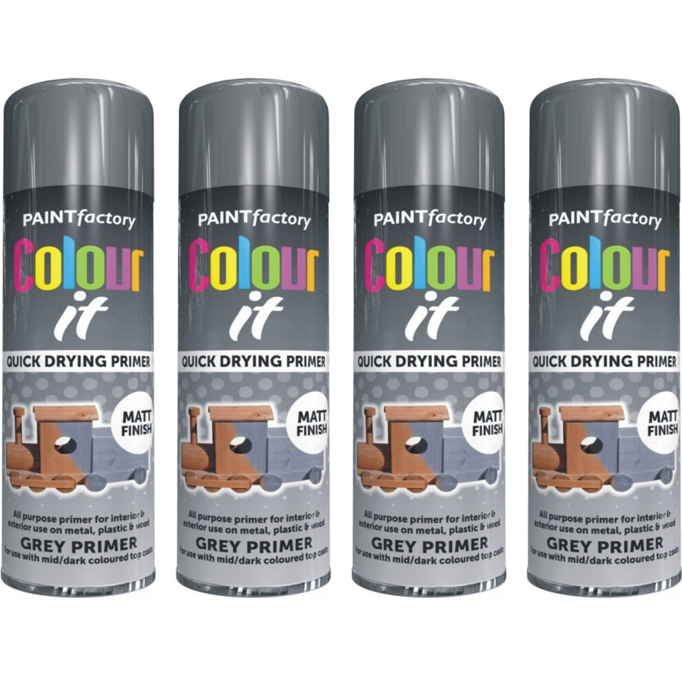 4 x 250ML Grey Primer Spray Paint For Metal Wood Plastic Matt Finish