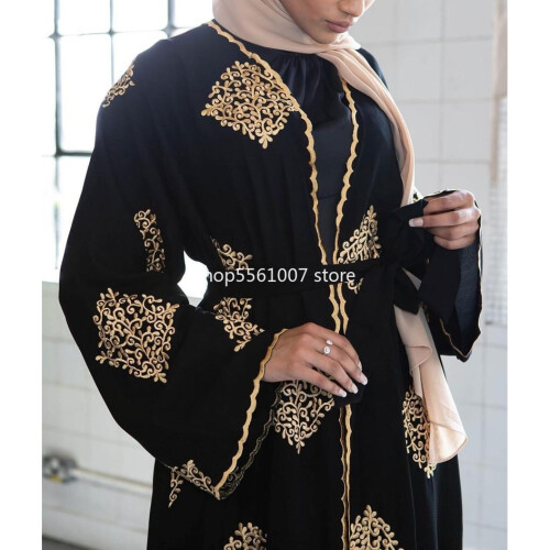 Ramadan Golden Line Embroidery Kimono Muslim Abaya Hijab Muslim Dress Female Big Swing Islamic 7234