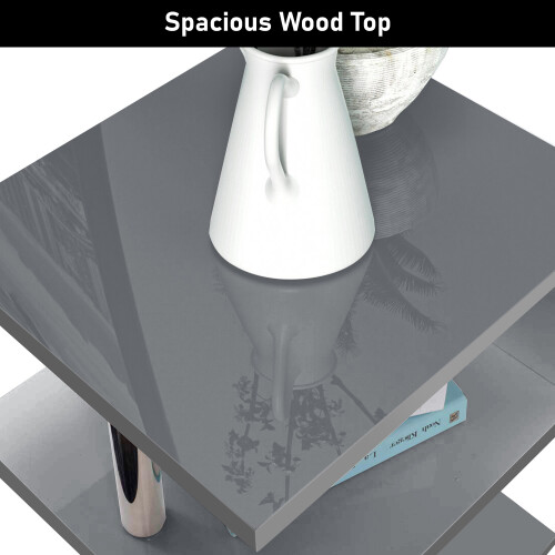((Grey)) High Gloss 2 Tier Side Coffee Table With Led Light 2